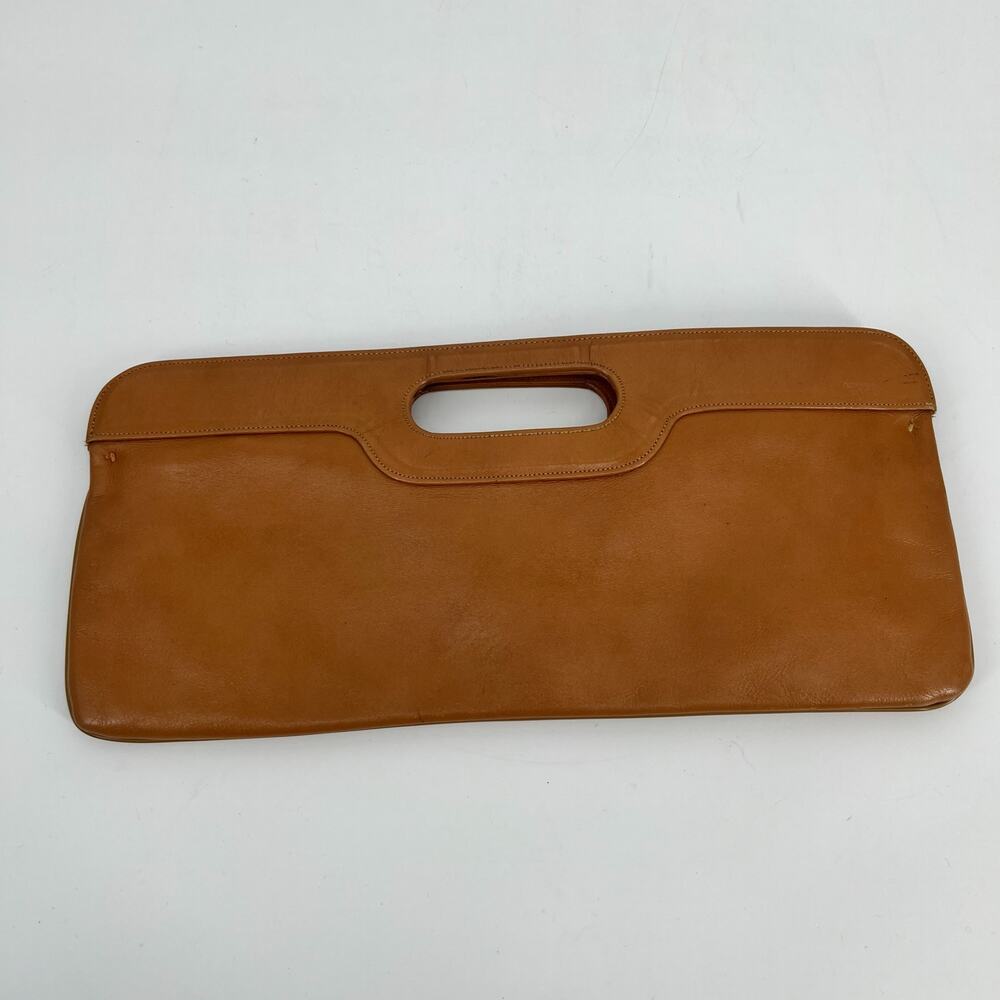 Vintage East West Clutch Purse Caramel Brown Leather Top Handle Hand Bag 15 Inch